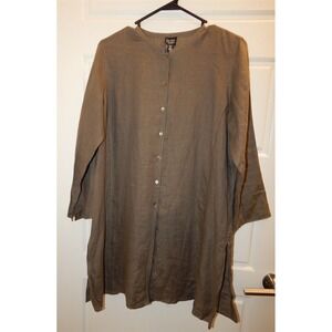 Eileen Fisher Petite Brown Khaki Button Down‎ 100% Linen Blouse sz PM